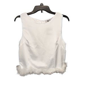 TOWNE - Satin White Sleeveless Feather Trim Tank Blouse - NWT